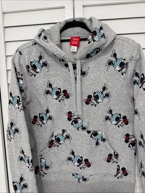 Disney Gray Minnie Mouse Pullover Hoodie with Teal and Red Accents